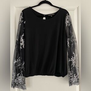 Always Indigo Black Blouse with Sheer Floral Bell Sleeves